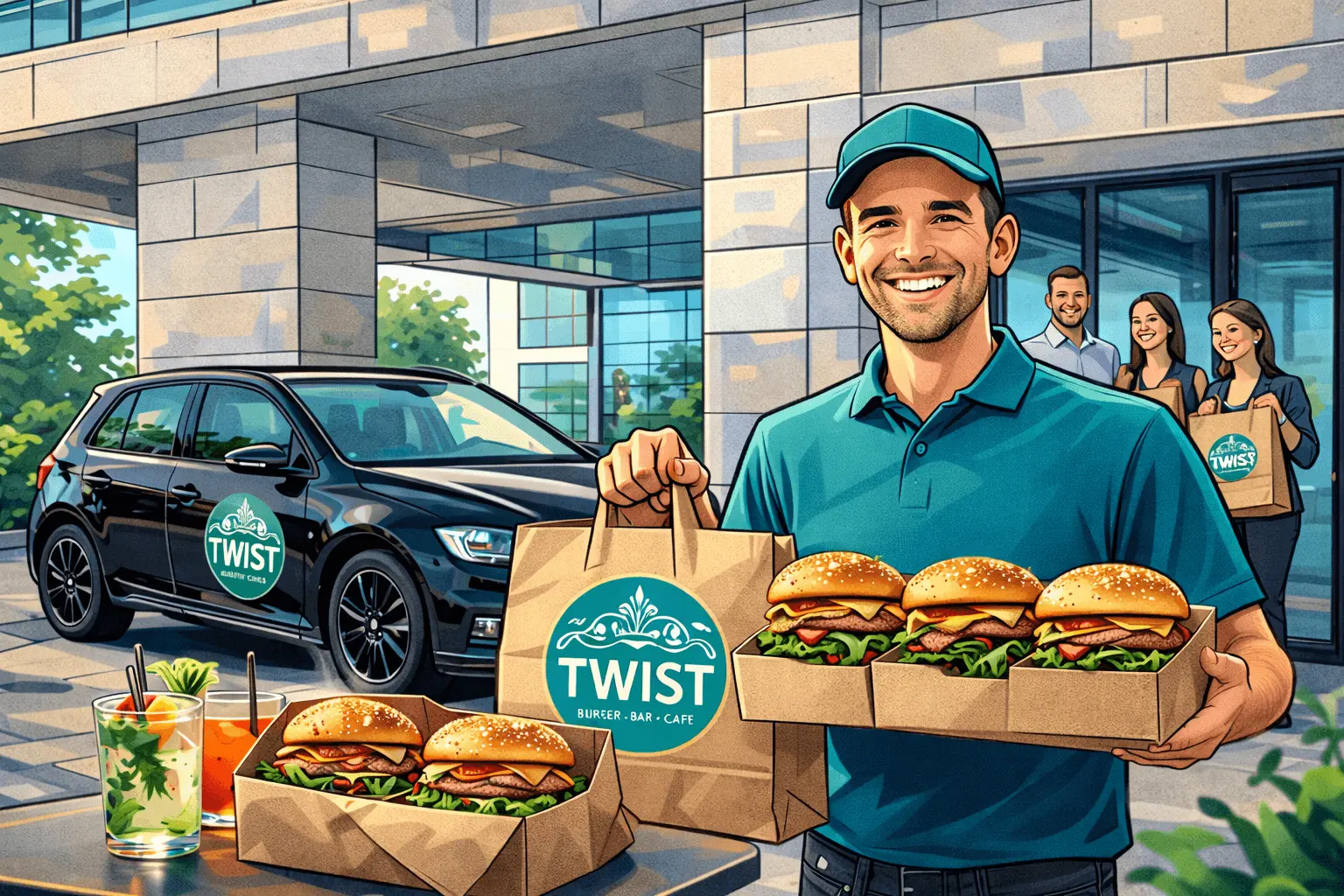 KI generiertes Bild zeigt Lieferung von TWIST Burgern und einen Mann der die Lieferungen abgibt. Im Hintergrund Menschen die sich freuen.